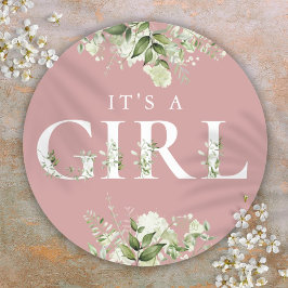 Dusty Rose Eine Blumendusche aus Girl Greenery Runder Aufkleber