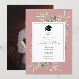 Dusty Rose Elegant Greenery Photo Graduation Party Einladung