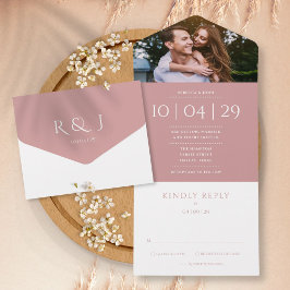 Dusty Rose Elegant Monogram Foto Hochzeitstag All In One Einladung