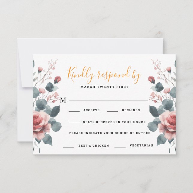 Dusty Rose Elegante 2 Mahlzeiten Weinroute Mendris RSVP Karte (Vorderseite)