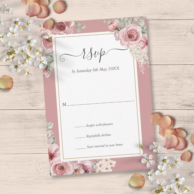 Dusty Rose Elegante Blumenschrift RSVP Karte (Dusty Rose Elegant Floral Script RSVP Card)
