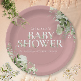 Dusty Rose Elegante Grünpflanzen Girl Babydusche Pappteller