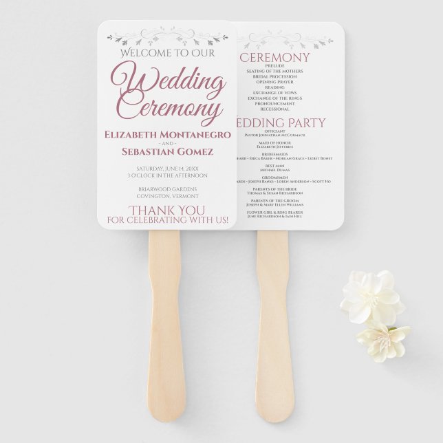 Dusty Rose Elegante White Wedding Fans mit Program Fächer (Vorne und Hinten)