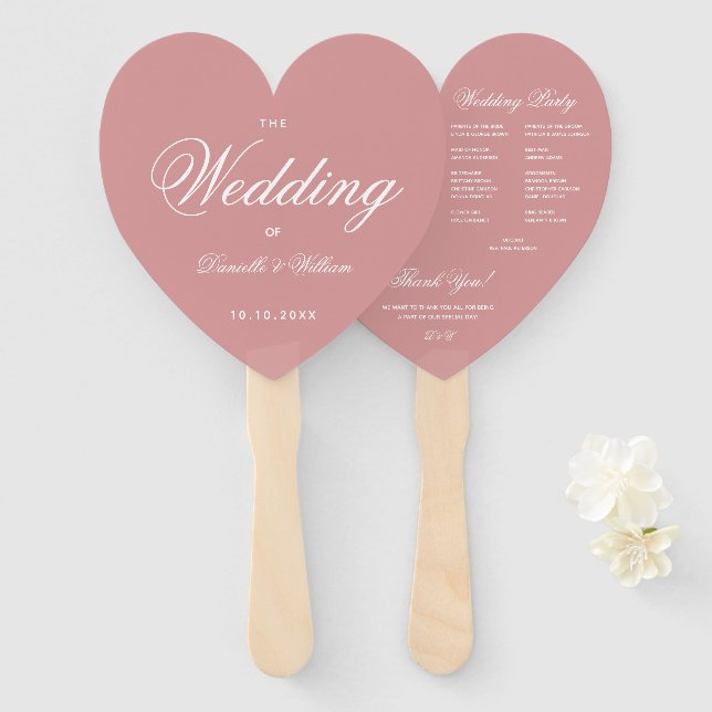 Dusty Rose Elegantes Script Heart Wedding Program Fächer (Vorne und Hinten)