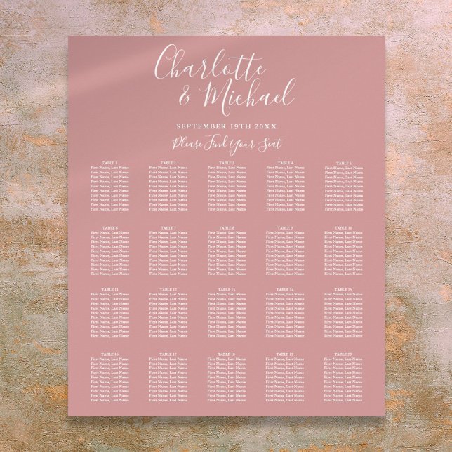 Dusty Rose Elegantes Script Hochzeitsdiagramm Poster (Dusty Rose Elegant Script Wedding Seating Chart)