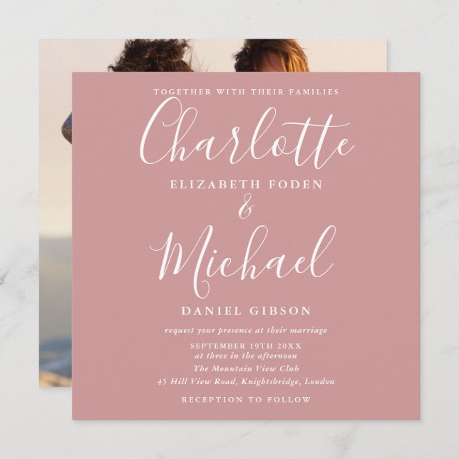 Dusty Rose Elegantes Script Wedding Foto Einladung (Vorne/Hinten)