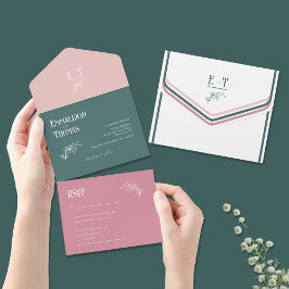 Dusty Rose Emerald Green Simple Modern Wedding All In One Einladung