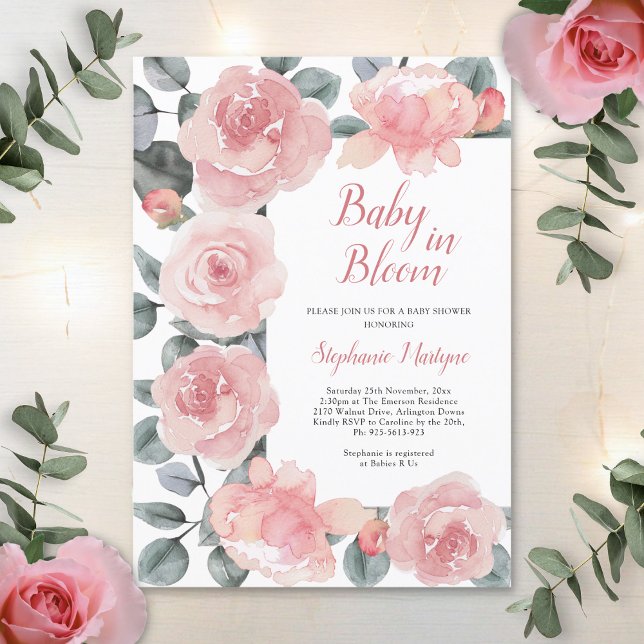 Dusty Rose Eucalyptus Baby in Bloom Baby Dusche Einladung (Von Creator hochgeladen)