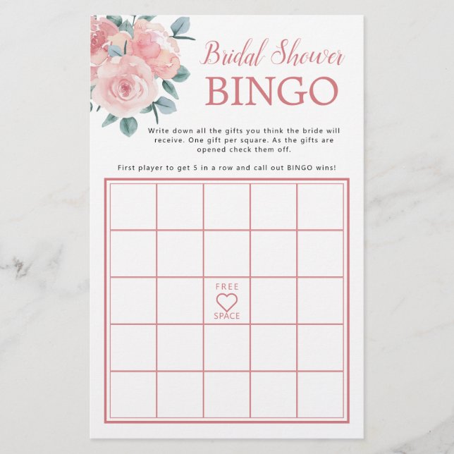 Dusty Rose Eucalyptus Brautparty Bingo Game (Vorderseite)