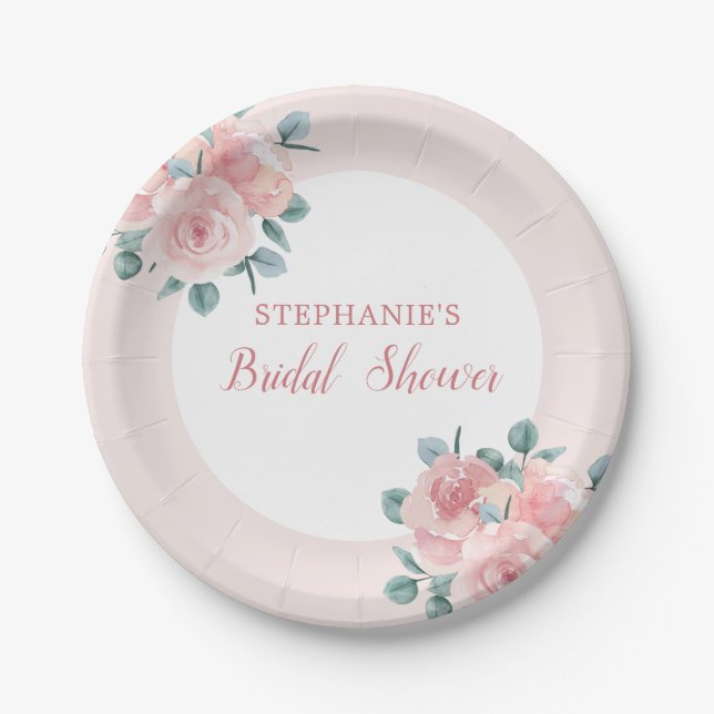 Dusty Rose Eucalyptus Floral Elegantes Brautparty Pappteller (Vorderseite)