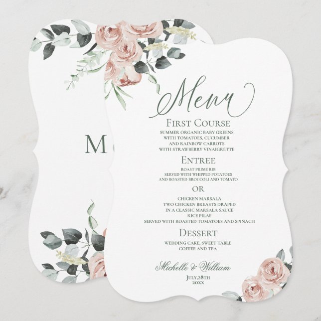 Dusty Rose Eucalyptus Floral Wedding Menükarte (Vorne/Hinten)