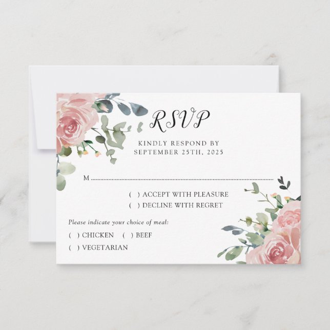 Dusty Rose Eukalyptus Botanische Hochzeit RSVP Karte (Vorderseite)