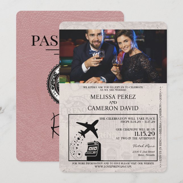 Dusty Rose Faire-part de mariage de passeport Reno (Devant / Derrière)