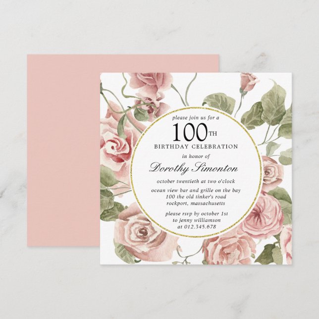 Dusty Rose Floral 100e Invitation anniversaire (Devant / Derrière)