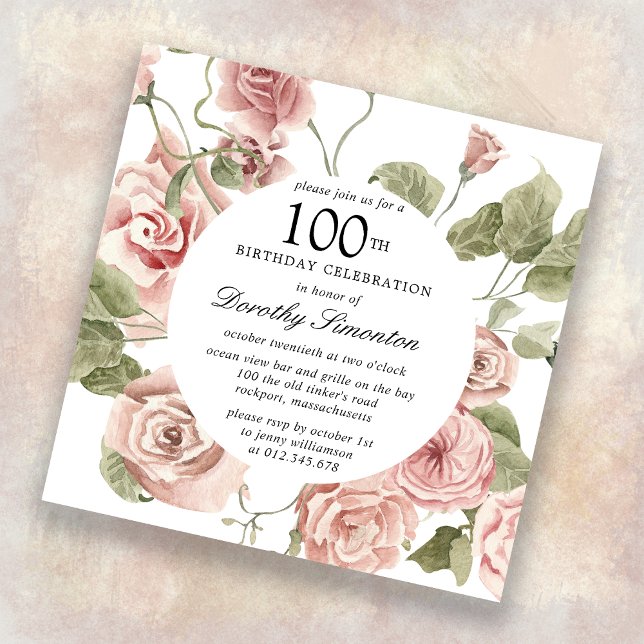Dusty Rose Floral 100e Invitation anniversaire (Créateur téléchargé)