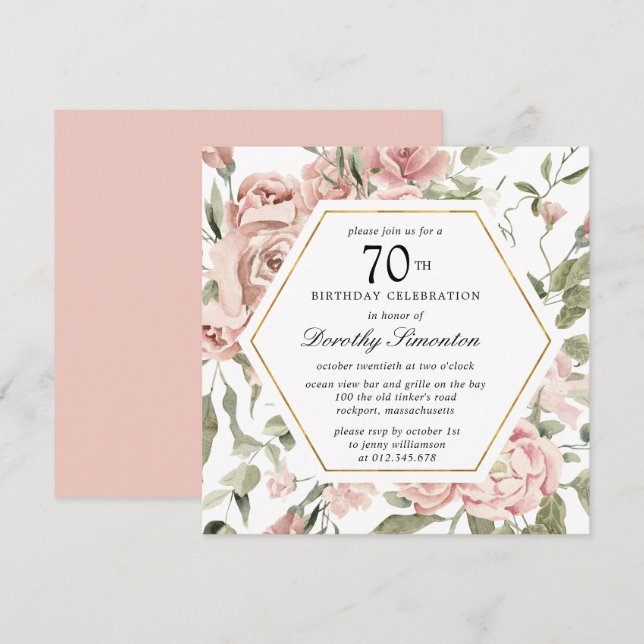 Dusty Rose Floral 70e anniversaire Invitation (Devant / Derrière)