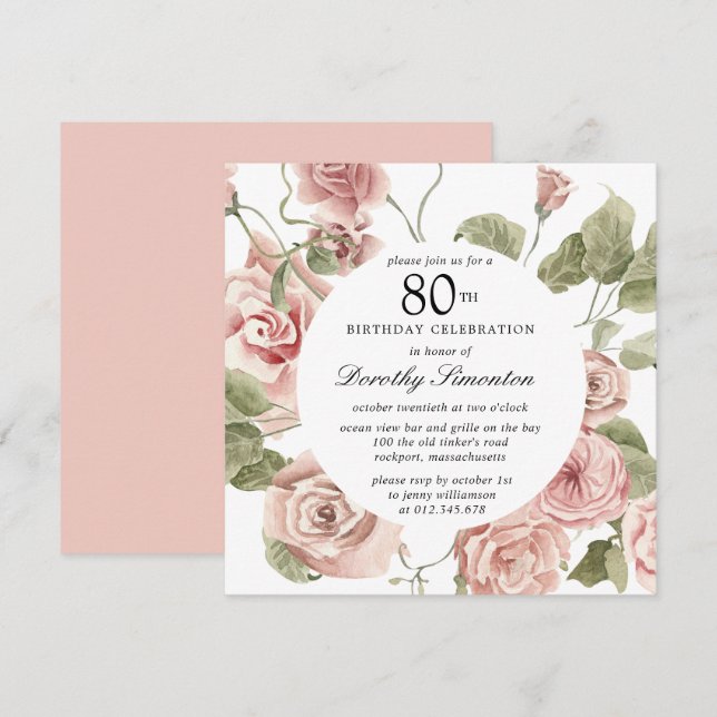 Dusty Rose Floral 80e Invitation anniversaire (Devant / Derrière)
