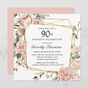 Dusty Rose Floral 90e Invitation anniversaire