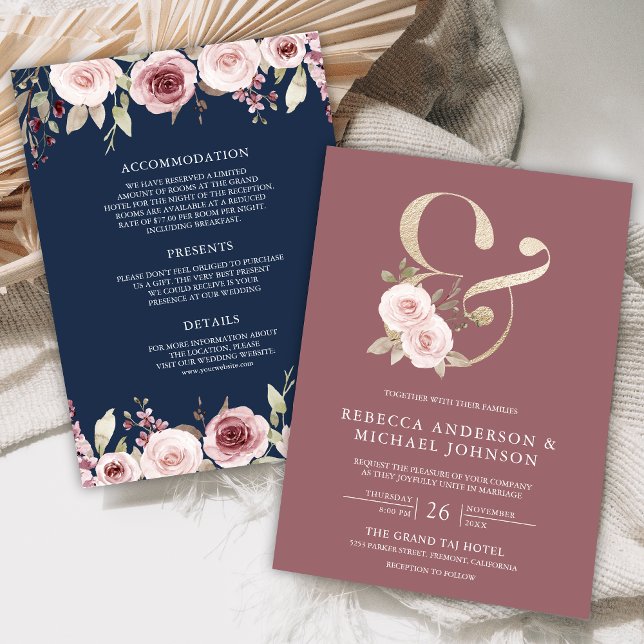 Dusty Rose Floral Ampersand und Navy Blue Wedding Einladung (Von Creator hochgeladen)