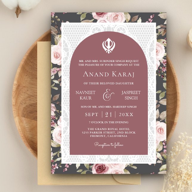 Dusty Rose Floral Anand Karaj Punjabi Sikh Wedding Einladung (Von Creator hochgeladen)