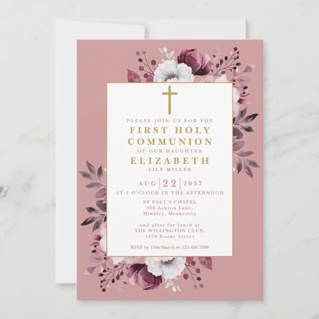 Dusty Rose Floral Botanischer Erste Heilige Kommun Einladung (Vorderseite)