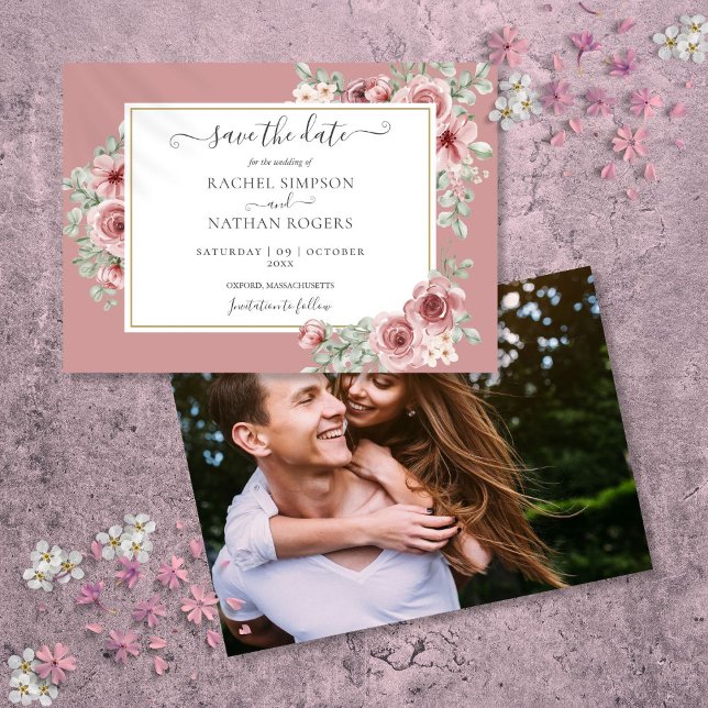 Dusty Rose Floral Botanisches Foto Hochzeit Save The Date (Dusty Rose Floral Botanical Photo Wedding Save The Date)