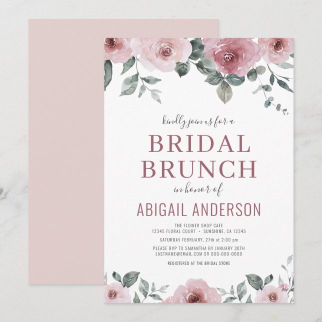 Dusty Rose Floral Bridal Brunch Shower Invitation (Devant / Derrière)