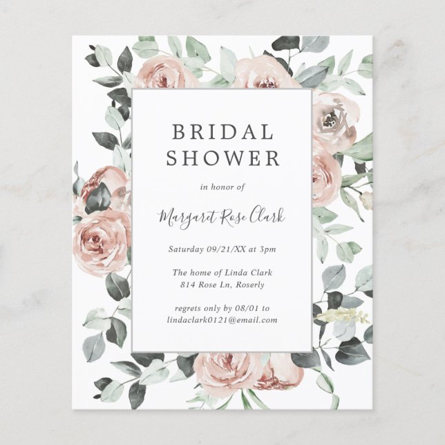 Dusty Rose Floral Budget Bridal Dusche Einladung (Vorderseite)