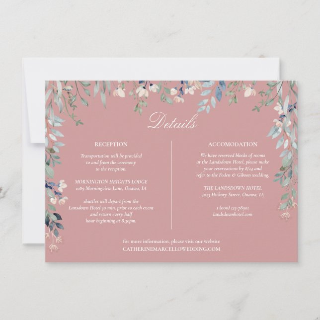 Dusty Rose floral Cascade Wedding Details Card Einladung (Vorderseite)