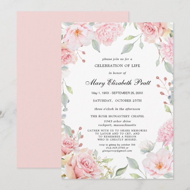 Dusty rose Floral Célébration de la vie Invitation (Devant / Derrière)
