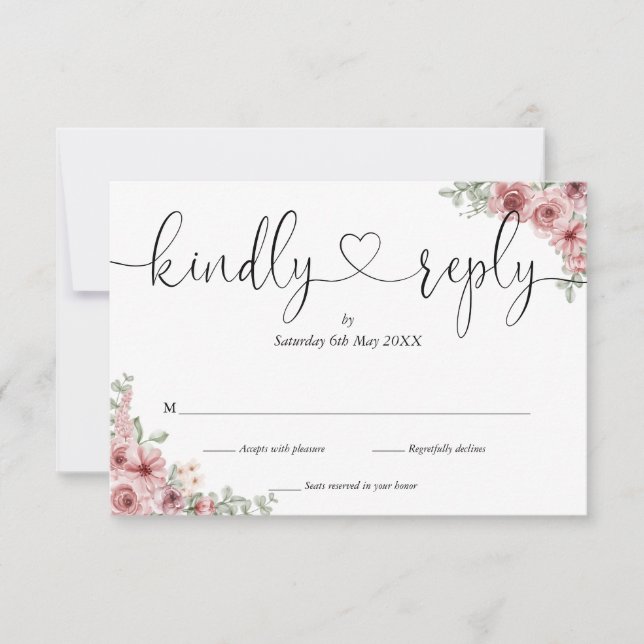 Dusty Rose Floral Chic Script Herzlich Willkommen  RSVP Karte (Vorderseite)