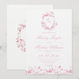 Dusty Rose Floral Crest Royal Calligraphy Wedding Einladung