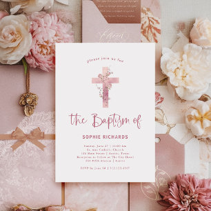 Dusty Rose Floral Cross Hübsch-rosa-Taufe Einladung