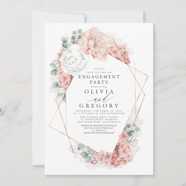 Dusty Rose Floral Elegante Engagement Partei Einladung (Vorderseite)