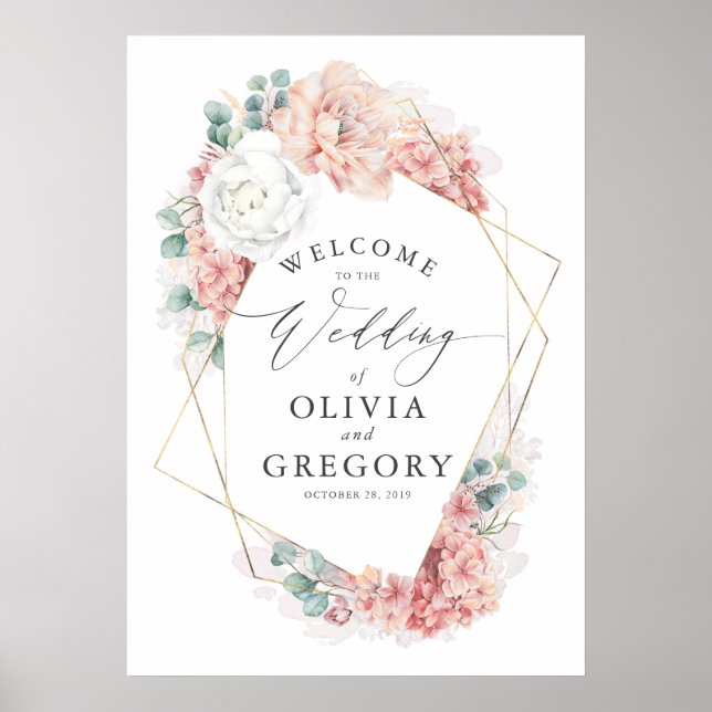 Dusty Rose Floral Elegante Grüne Hochzeit Willkomm Poster (Vorne)
