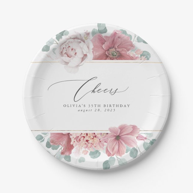Dusty Rose Floral Elegantes botanisches Papierplat Pappteller (Vorderseite)