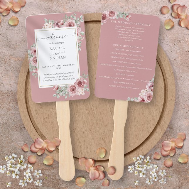 Dusty Rose Floral Elegantes Hochzeitsprogramm Fächer (Dusty Rose Floral Elegant Wedding Program Hand Fan)