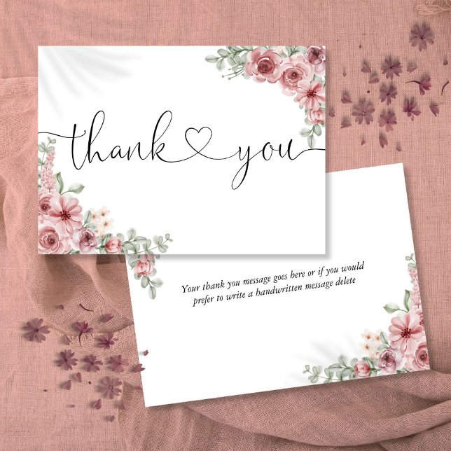 Dusty Rose Floral Elegantes Script Herz Dankeskarte (Dusty Rose Floral Elegant Script Heart Thank You Card)