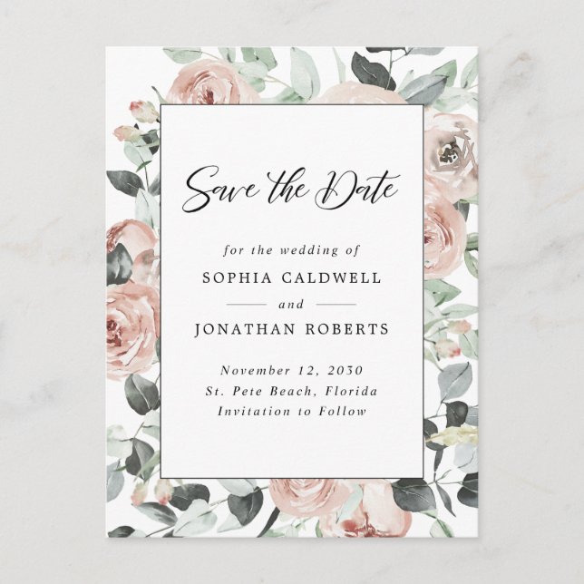 Dusty Rose Floral Eukalyptus Save the Date Ankündigungspostkarte (Vorderseite)