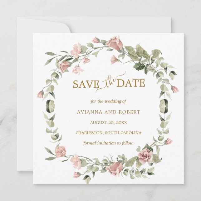 Dusty Rose floral Eukalyptus Wedding Save the Date (Vorderseite)