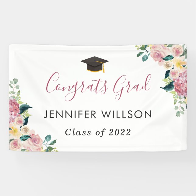 Dusty Rose Floral Glückwunschs Grad Graduation Par Banner (Horizontal)