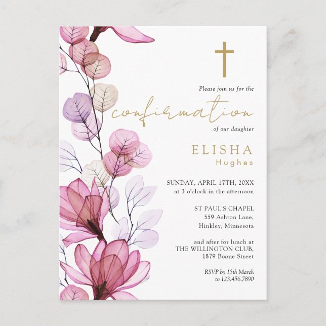 Dusty Rose Floral Gold Bestätigung Einladung Postkarte (Vorderseite)