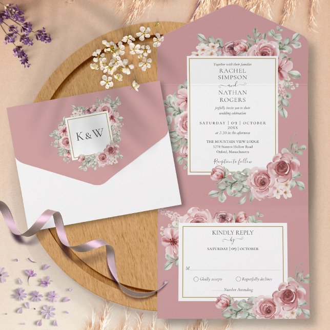 Dusty Rose Floral Gold Geometric Wedding All In One Einladung (Von Creator hochgeladen)
