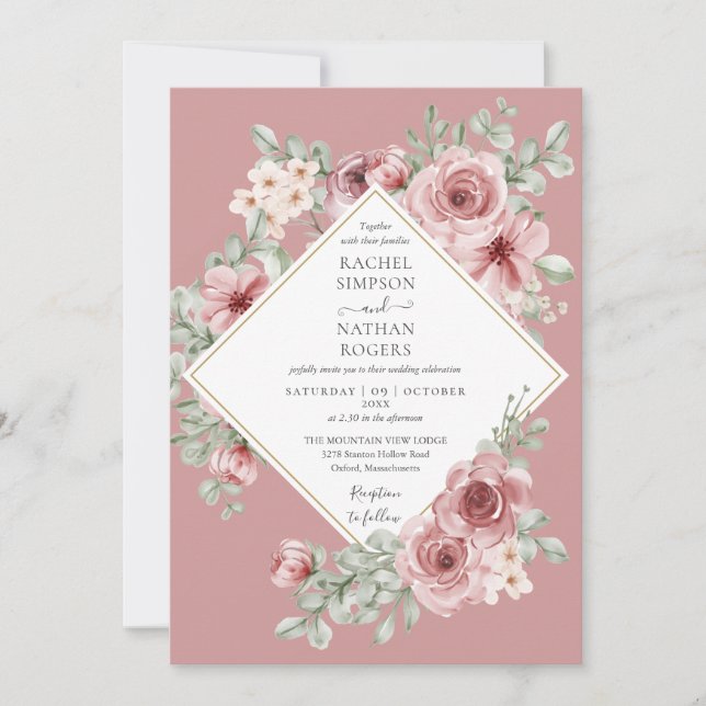 Dusty Rose Floral Gold Geometric Wedding Einladung (Vorderseite)