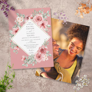 Dusty Rose Floral Gold Geometric Wedding Photo Einladung