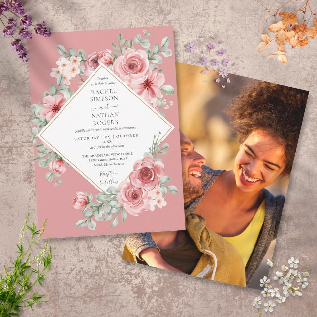 Dusty Rose Floral Gold Geometric Wedding Photo Einladung (Von Creator hochgeladen)