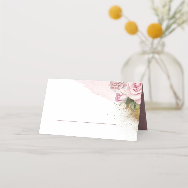 Dusty Rose Floral Gold Glitzer Wedding Platzkarte (Vorderseite)