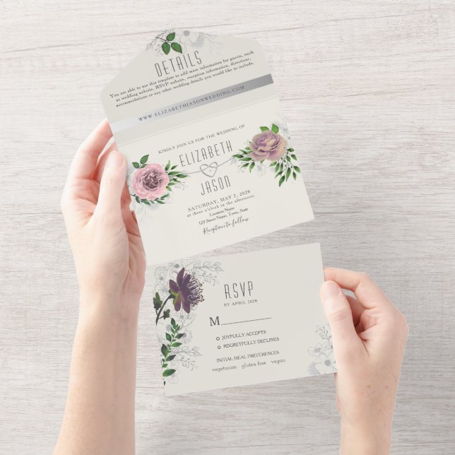 Dusty Rose Floral Greenery All-in-One Invitation (Déchirure)
