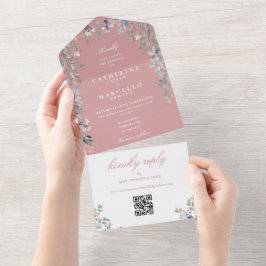 Dusty Rose Floral Greenery QR Code Wedding All In One Einladung