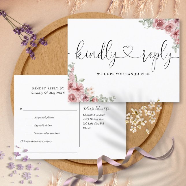 Dusty Rose Floral Heart Script Song Anfrage UAWG Einladungspostkarte (Dusty Rose Floral Heart Script Song Request RSVP Invitation Postcard)